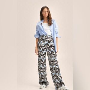 Mango Wide Leg Geometric Print Pants in Black, White & Light Blue